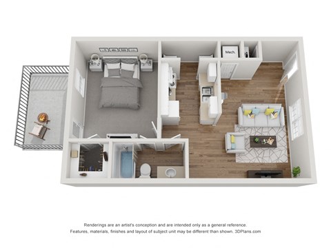 Floor plan for 1 bed, 1 bath, 650 sqft